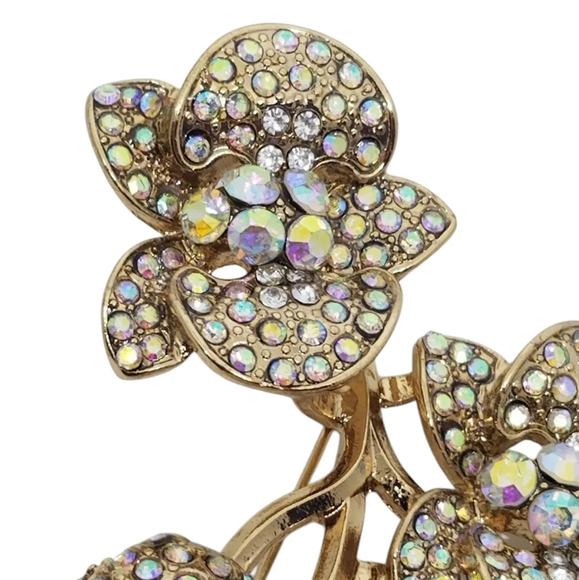 VINTAGE GOLDTONE & AURORA BOREALIS RHINESTONE FLOWERS ON STEM BROOCH - Picture 3 of 7